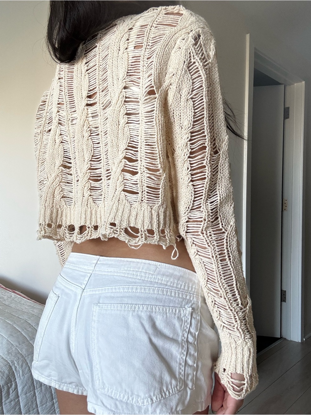 Zara Cable Knit Distressed Openwork Crop Sweater - Cream / Size S - Picture 3 of 5
